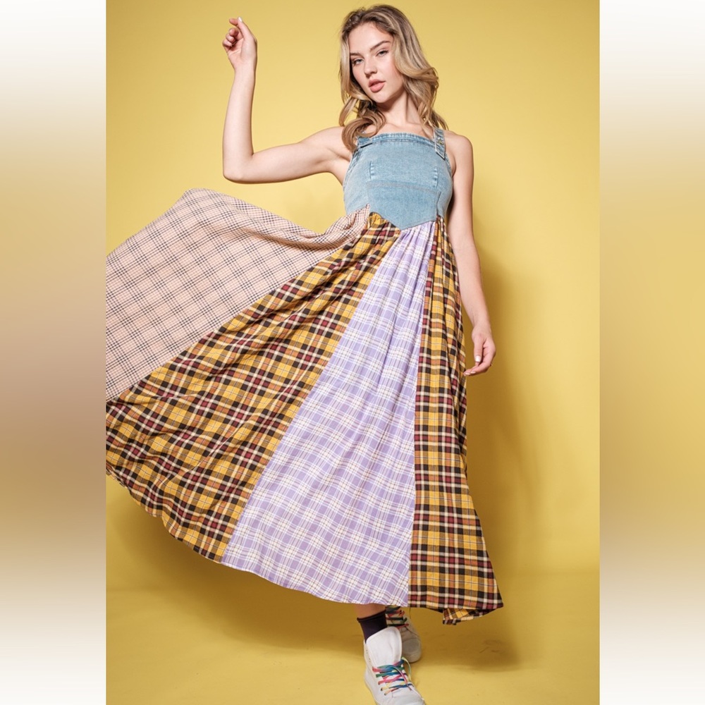 27 Boho Denim Multi Fabric Pleated Suspender Maxi Dress - Picture 1 of 7